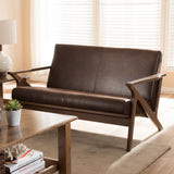 Baxton Studio Bianca Mid-Century Modern Walnut Wood Dark Brown Distressed Faux Leather 2-Seater Loveseat