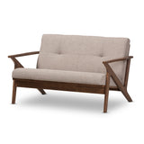 Bianca Mid-Century Modern Walnut Wood Light Grey Fabric Tufted 2-Seater Loveseat