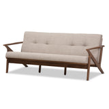 Bianca Mid-Century Modern Walnut Wood Light Grey Fabric Tufted 3-Seater Sofa