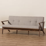 Baxton Studio Bianca Mid-Century Modern Walnut Wood Light Grey Fabric Tufted 3-Seater Sofa