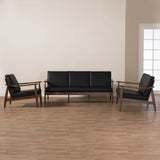 Baxton Studio Venza Mid-Century Modern Walnut Wood Black Faux Leather 3-Piece Livingroom Set