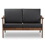 Baxton Studio Venza Mid-Century Modern Walnut Wood Black Faux Leather 2-Seater Loveseat