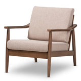 Venza Mid-Century Modern Walnut Wood Light Brown Fabric Upholstered Lounge Chair