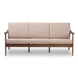 Baxton Studio Venza Mid-Century Modern Walnut Wood Light Brown Fabric Upholstered 3-Seater Sofa