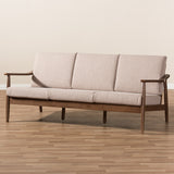 Baxton Studio Venza Mid-Century Modern Walnut Wood Light Brown Fabric Upholstered 3-Seater Sofa