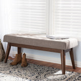 Baxton Studio Elia Mid-Century Modern Walnut Wood Light Grey Fabric Button-Tufted Bench
