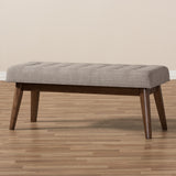 Baxton Studio Elia Mid-Century Modern Walnut Wood Light Grey Fabric Button-Tufted Bench