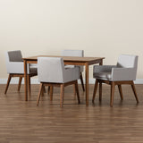 Baxton Studio Dorina Mid-Century Modern Greyish Beige Fabric Upholstered and Walnut Brown Finished Wood 5-Piece Dining Set