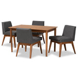 Nexus Mid-Century Modern Fabric Upholstered and Walnut Brown Finished Wood 5-Piece Dining Set