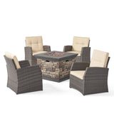 Malvern Outdoor 4 Seater Wicker Chat Set with Fire Pit, Gray, Beige, and Stone Finish Noble House