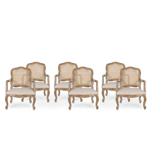 Andrea French Country Wood and Cane Upholstered Dining Armchair (Set of 6), Beige and Natural Noble House