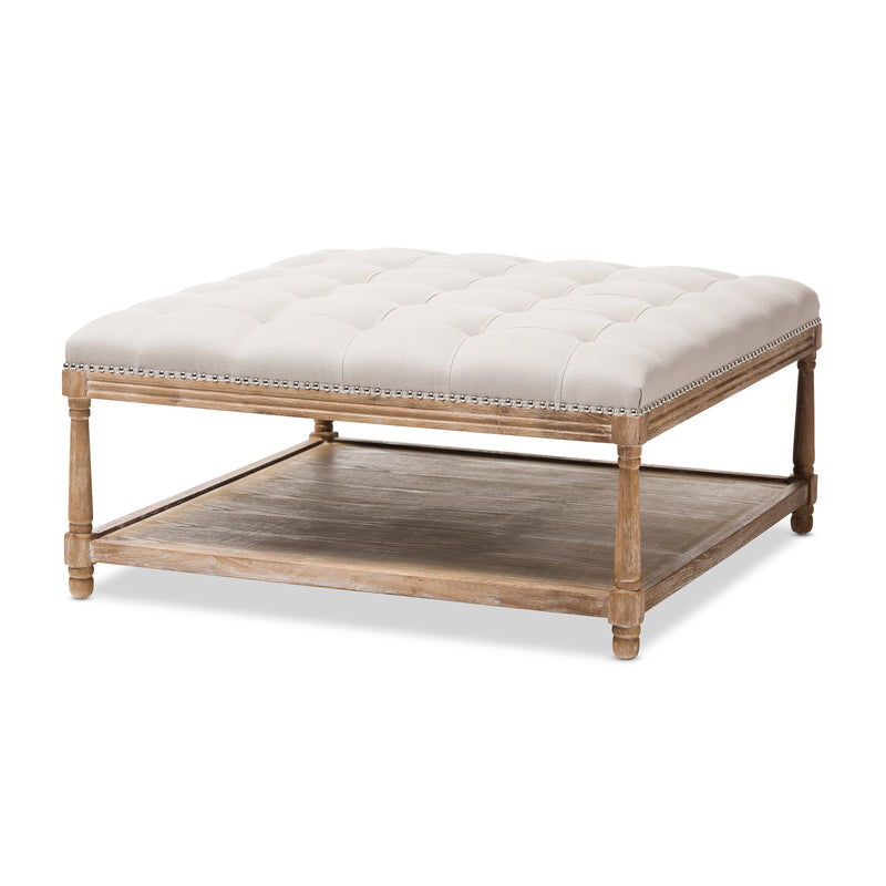 Carlotta French Country Weathered Oak Beige Linen Square Coffee