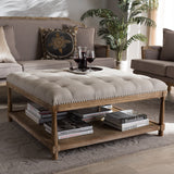 Baxton Studio Carlotta French Country Weathered Oak Beige Linen Square Coffee Table Ottoman