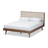 Soloman Mid-Century Modern Light Beige Fabric and Walnut Brown Finished Wood Full Size Platform Bed