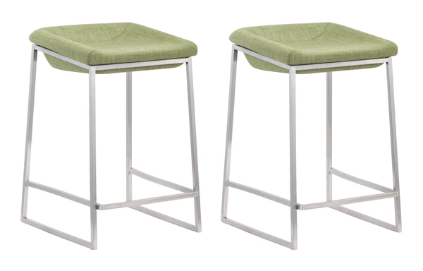 Zuo Modern Lids 100% Polyester, Stainless Steel Modern Commercial Grade Counter Stool Set - Set of 2 Green, Silver 100% Polyester, Stainless Steel