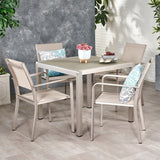 Boris Outdoor Modern 4 Seater Aluminum Dining Set with Tempered Glass Table Top,  Silver and Taupe Noble House