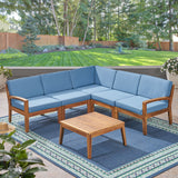 Noble House Grenada Outdoor Acacia Wood 5 Seater Sectional Sofa Set with Coffee Table, Teak and Blue