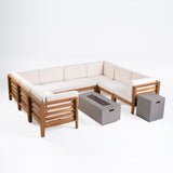 Oana Outdoor U-Shaped 8 Seater Acacia Wood Sectional Sofa Set with Fire Pit, Teak, Beige, and Light Gray Noble House