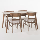 Bryner Mid-Century Modern 5 Piece Dining Set, Light Beige and Natural Walnut Noble House