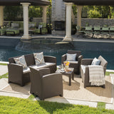 Daytona Outdoor 5 Piece Brown Faux Wicker Rattan Style Chat Set with Sofa and Mixed Beige Water Resistant Cushions Noble House