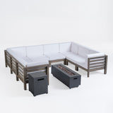 Malawi Outdoor U-Shaped Sectional Sofa Set with Fire Pit - 10-Piece 8-Seater - Acacia Wood - Outdoor Cushions - Gray with White and Dark Gray Noble House