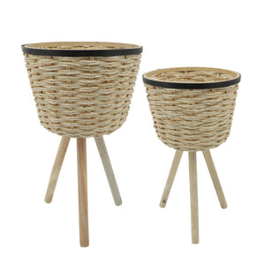 Sagebrook Home Contemporary Set of 2 -  Wicker Footed Planters, White 16026 White Bamboo Wood