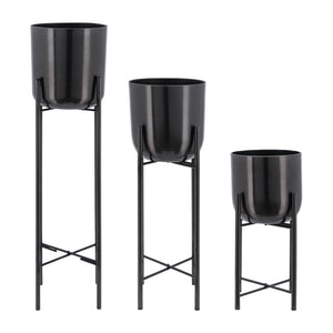 Sagebrook Home Contemporary Set of 3 -  Metal Planters On Stand 40/30/20"h, Gunmetal 14630-01 Black Metal