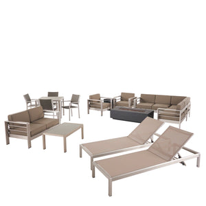 Cape Coral Outdoor Estate Collection with Fire Pit - 4-Seat Dining Set, 3-Piece Sectional Sofa Set, 2 Club Chairs, 2 Chaise Lounges, Loveseat, Coffee Table - Aluminum - Silver, Gray, Khaki, Dark Gray Noble House