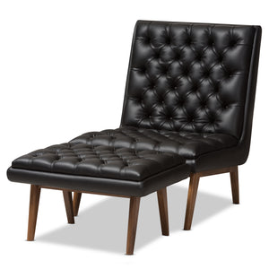 Baxton Studio Annetha Mid-Century Modern Black Faux Leather Upholstered Walnut Finished Wood Chair And Ottoman Set