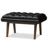 Annetha Mid-Century Modern Black Faux Leather Upholstered Walnut Finished Wood Ottoman