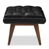 Baxton Studio Annetha Mid-Century Modern Black Faux Leather Upholstered Walnut Finished Wood Ottoman