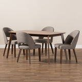 Baxton Studio Wesley Mid-Century Modern Light Grey Fabric Upholstered Walnut Finished Wood 5-Piece Dining Set