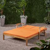 Perla Double Chaise Lounge for Yard and Patio, Acacia Wood Frame, Teak Finish with Orange Cushions Noble House