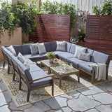 Noble House Grenada Outdoor Acacia Wood 10 Seater Sectional Sofa Set with Two Coffee Tables, Gray and Dark Gray