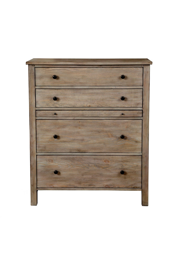 Classic 5 Drawer Chest in Natural Gray Finish with Pullout Shelf and Felt Lined Top Drawer, Elegant!