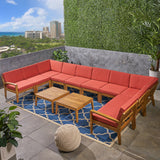 Noble House Grenada Outdoor Acacia Wood 10 Seater Sectional Sofa Set with Two Coffee Tables, Teak and Red