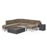 Cape Coral Half Round 5 Seater Sectional Set with Fire Pit and Tank Holder, Khaki, Silver, and Dark Gray Noble House