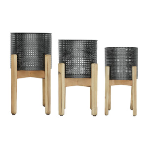 Sagebrook Home Contemporary Set of 3 -  Metal Mesh Planter On Stand 8/9/11", Black 15025 Black Metal