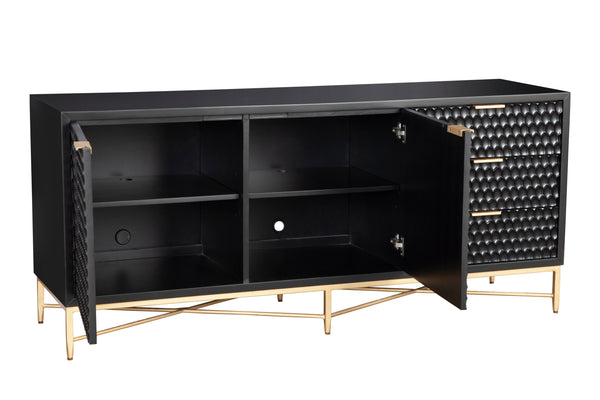 Black Pearl Media Console - Stylish Storage with Textured Fronts, Gold Accents & Mahogany Finish