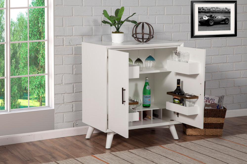 Alpine Furniture Flynn Small Bar Cabinet, White 966-W-17 White Mahogany Solids & Okoume Veneer 32 x 19 x 36