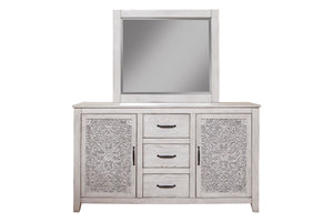 Aria Vintage Dresser with Carved Floral Design, Ample Storage & Elegant Weathered Finish