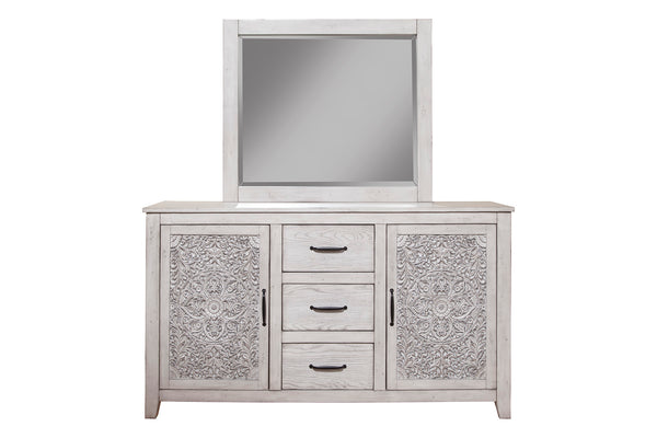Aria Vintage Dresser with Carved Floral Design, Ample Storage & Elegant Weathered Finish