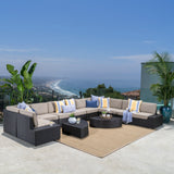 Santa Cruz Outdoor 12 Piece Dark Brown Wicker Sectional Sofa Set with Beige Water Resisant Cushions Noble House