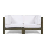 Oana Outdoor Modular Acacia Wood Loveseat with Cushions, Gray and White Noble House