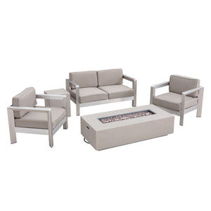 Aviara Outdoor 4-Seater Aluminum Chat Set with Fire Pit and Tank Holder, Silver with Khaki and Light Gray Noble House