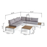 Eldon Outdoor Aluminum and Wood V-Shaped Sofa Set with Cushions, Light Gray and White Noble House