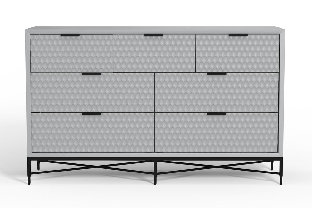 Milo Dresser in Light Slate Grey - 7 Drawer Storage with Felt Lined Top, Mahogany & Metal Base