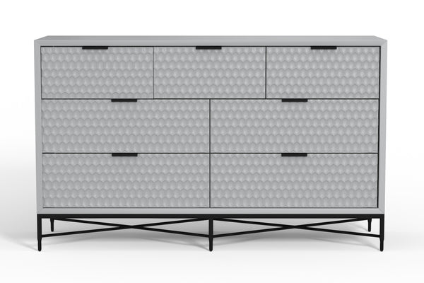 Milo Dresser in Light Slate Grey - 7 Drawer Storage with Felt Lined Top, Mahogany & Metal Base
