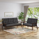 Aries Mid Century 3 Piece 5 Seater Fabric Sofa Set, Black Noble House