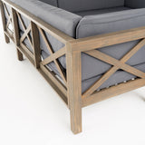 Brava Outdoor Acacia Wood Left Arm Loveseat and Coffee Table Set with Cushion, Gray and Dark Gray Noble House